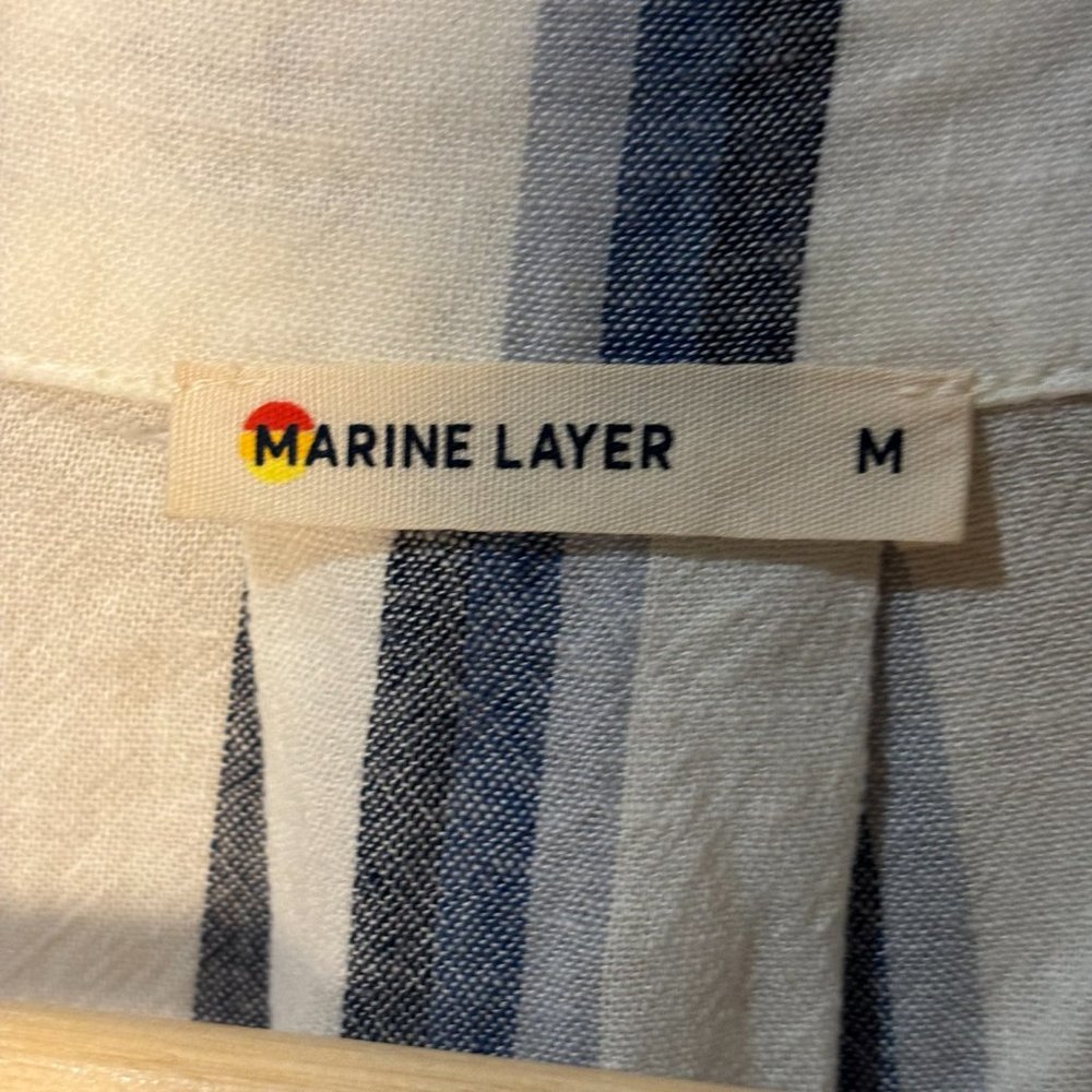 Marine Layer Linen Blend Striped V Neck Top - Medium, White Blue - Picture 2 of 7